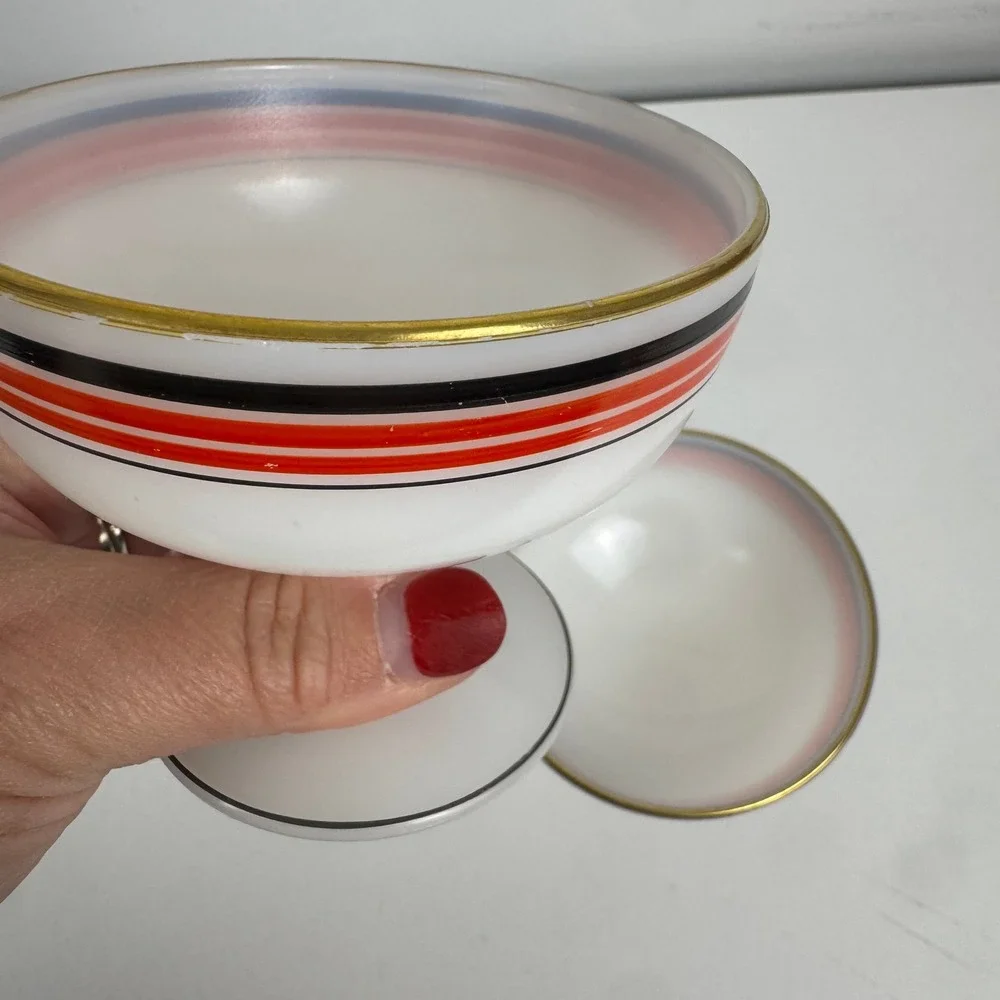 Vtg Platonite MCM Dessert Bowls Red Black Gold Striped Footed Sherbet Set of 2‎